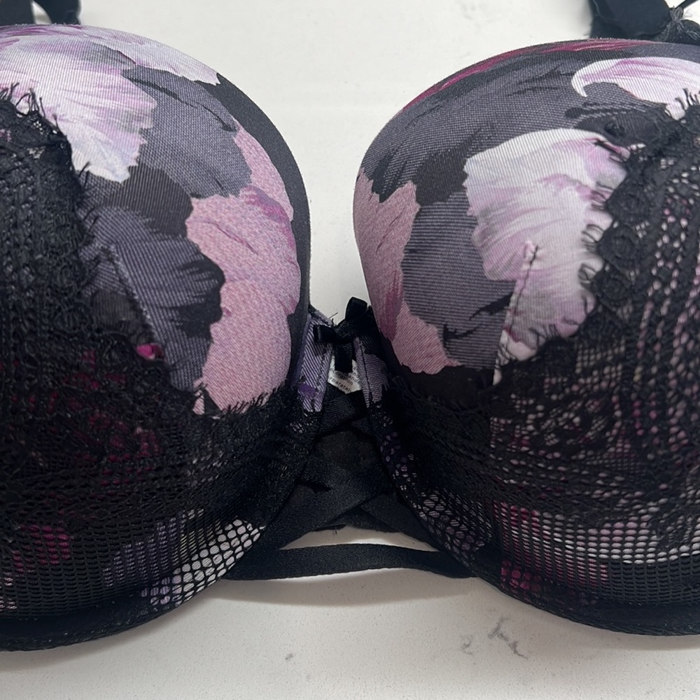 Cacique Boost Balconette Lace Purple Black Sexy Underwire Push Up Bra Size 44DD